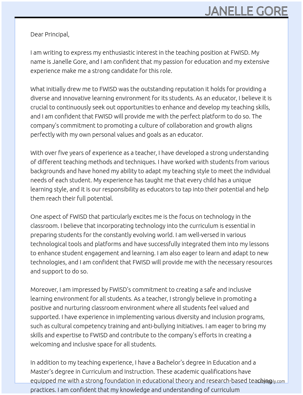 teacher At FWISD Cover Letter
