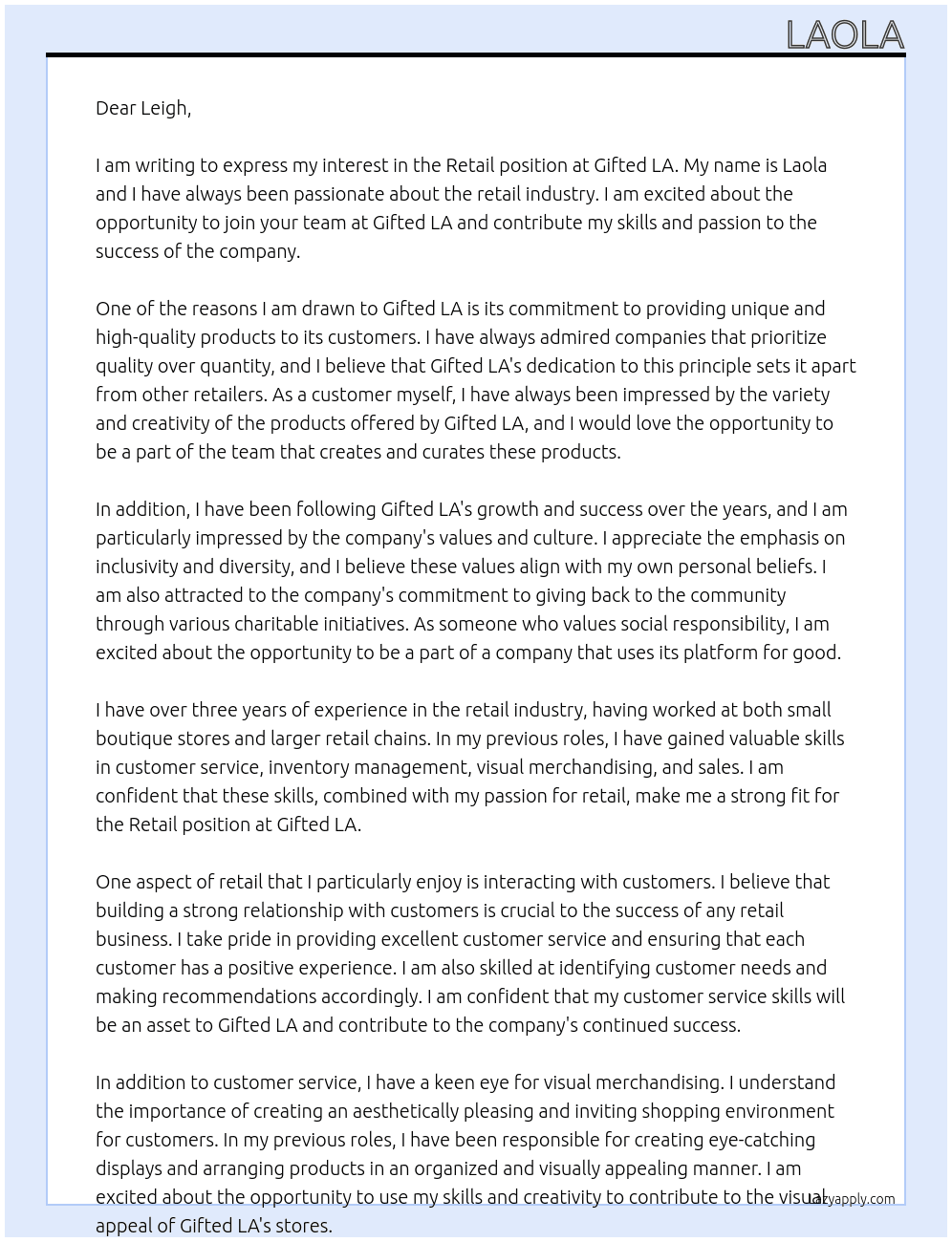 Retail At Gifted LA Cover Letter