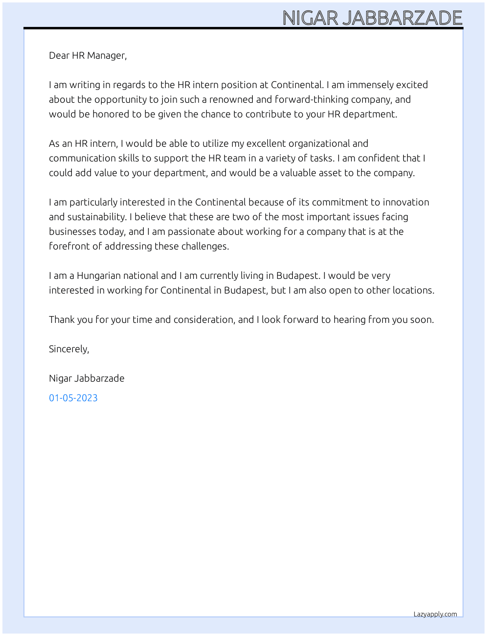 HR intern At Continental Cover Letter