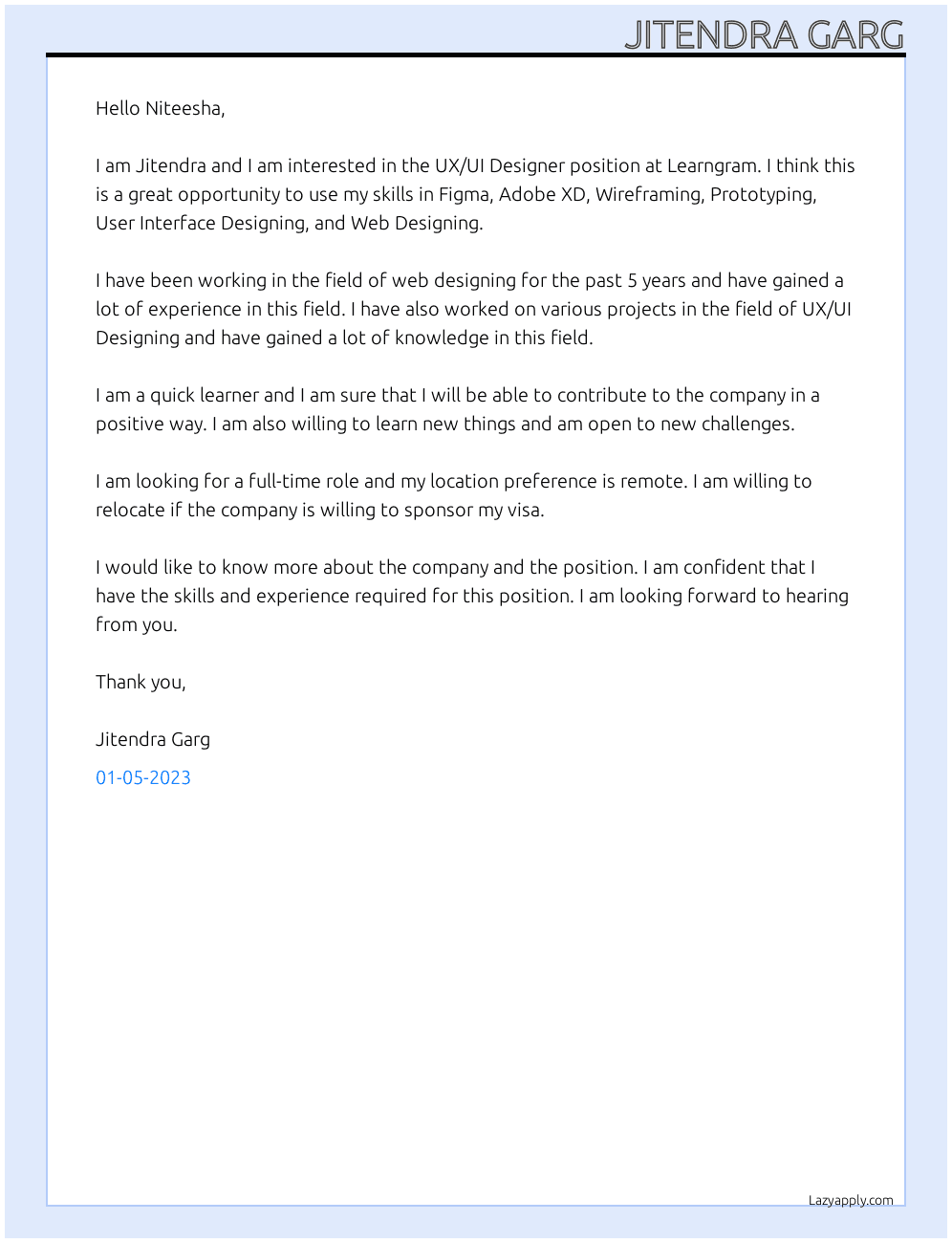 UX/UI Designer At Learngram Cover Letter