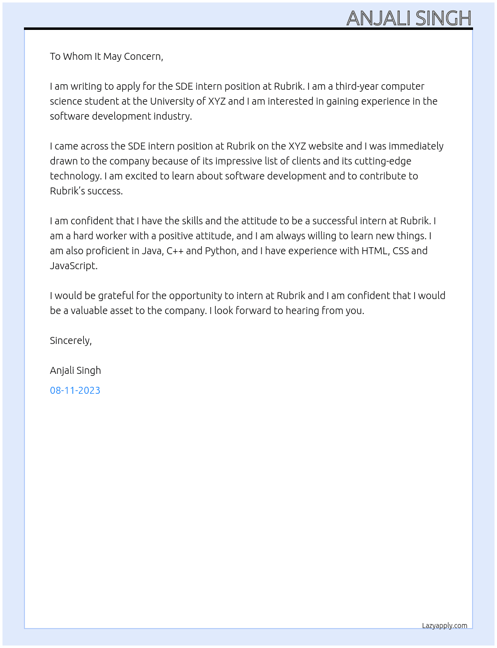 SDE intern At Rubrik Cover Letter
