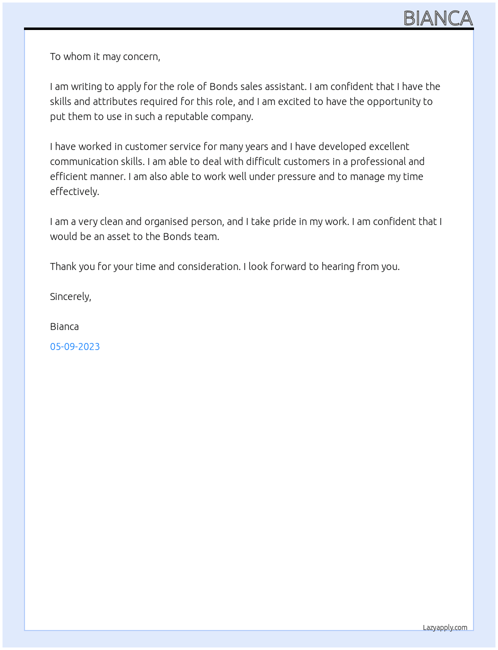 Bonds sales assistant  At Bonds Cover Letter