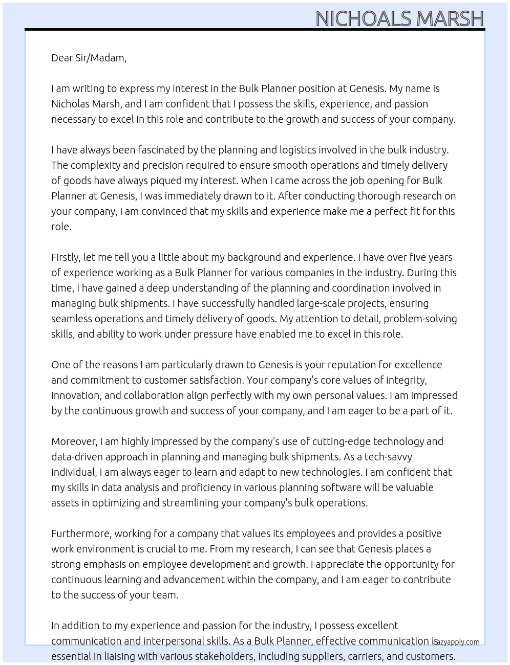 Bulk Planner At Genesis Cover Letter