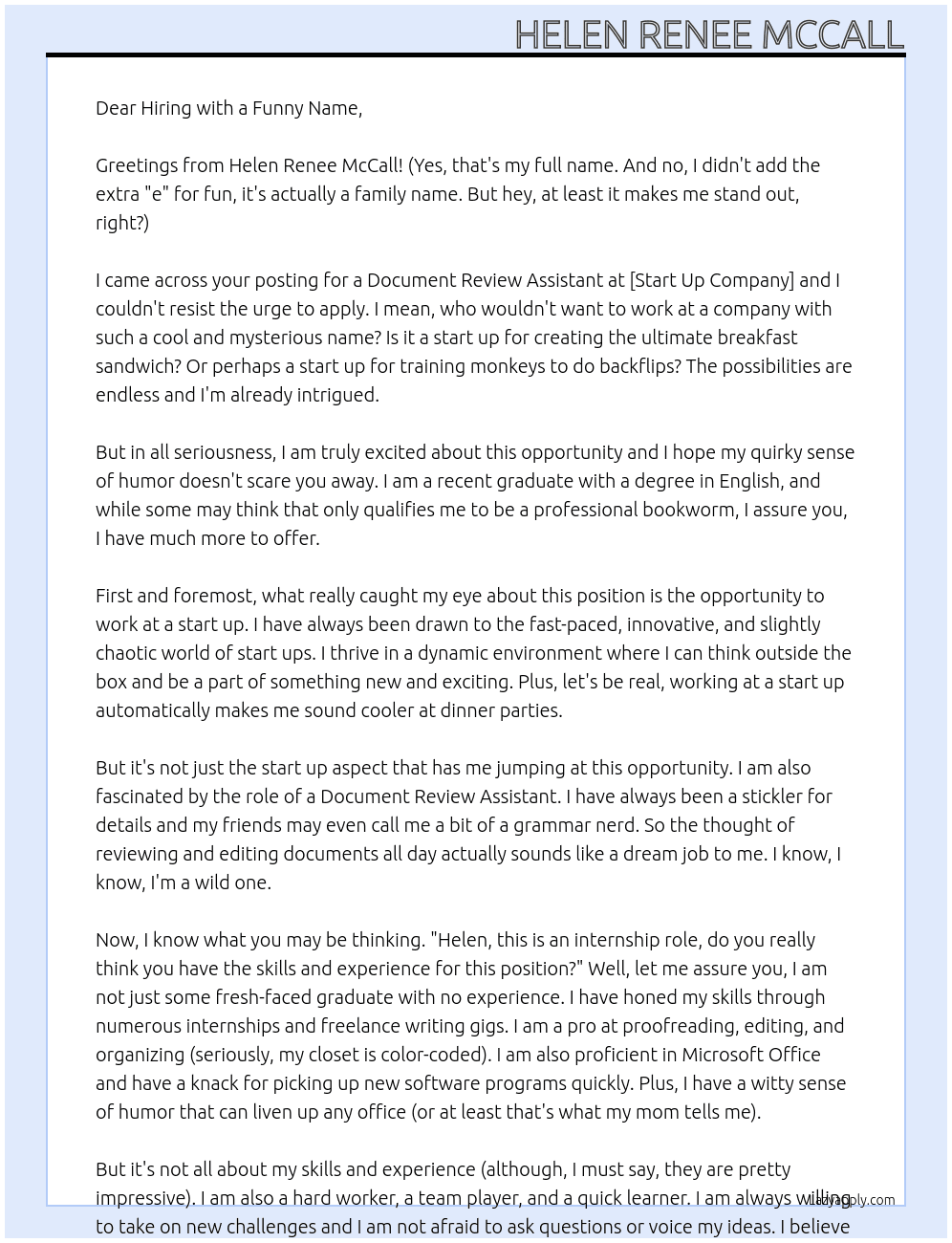 Document Review Assistant  At start up Cover Letter