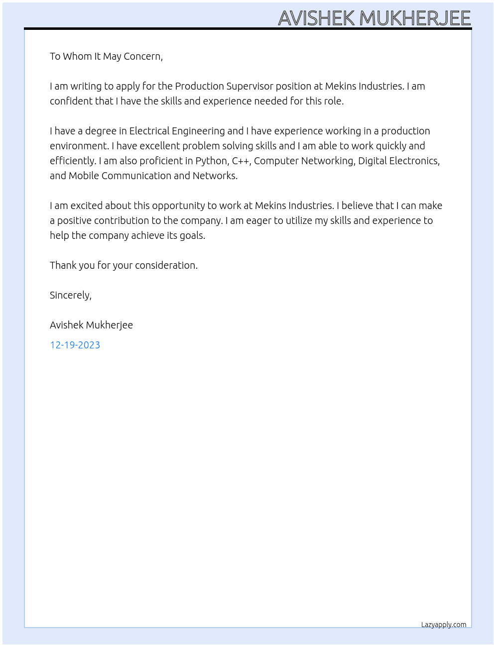 Production Supervisor At Mekins Industries Cover Letter