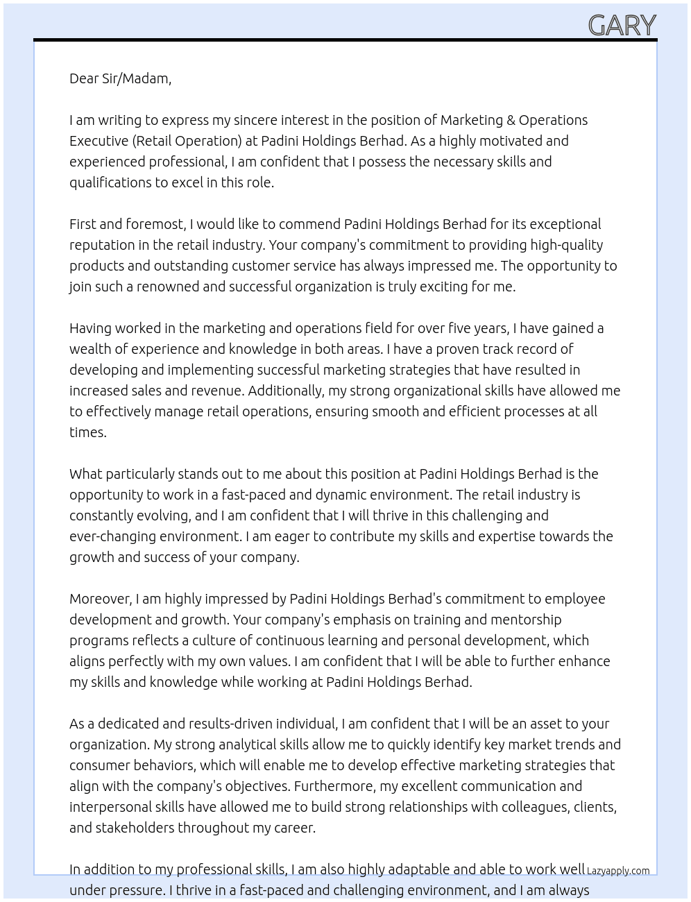 Marketing & Operations Executive (Retail Operation) At Padini Holdings Berhad  Cover Letter