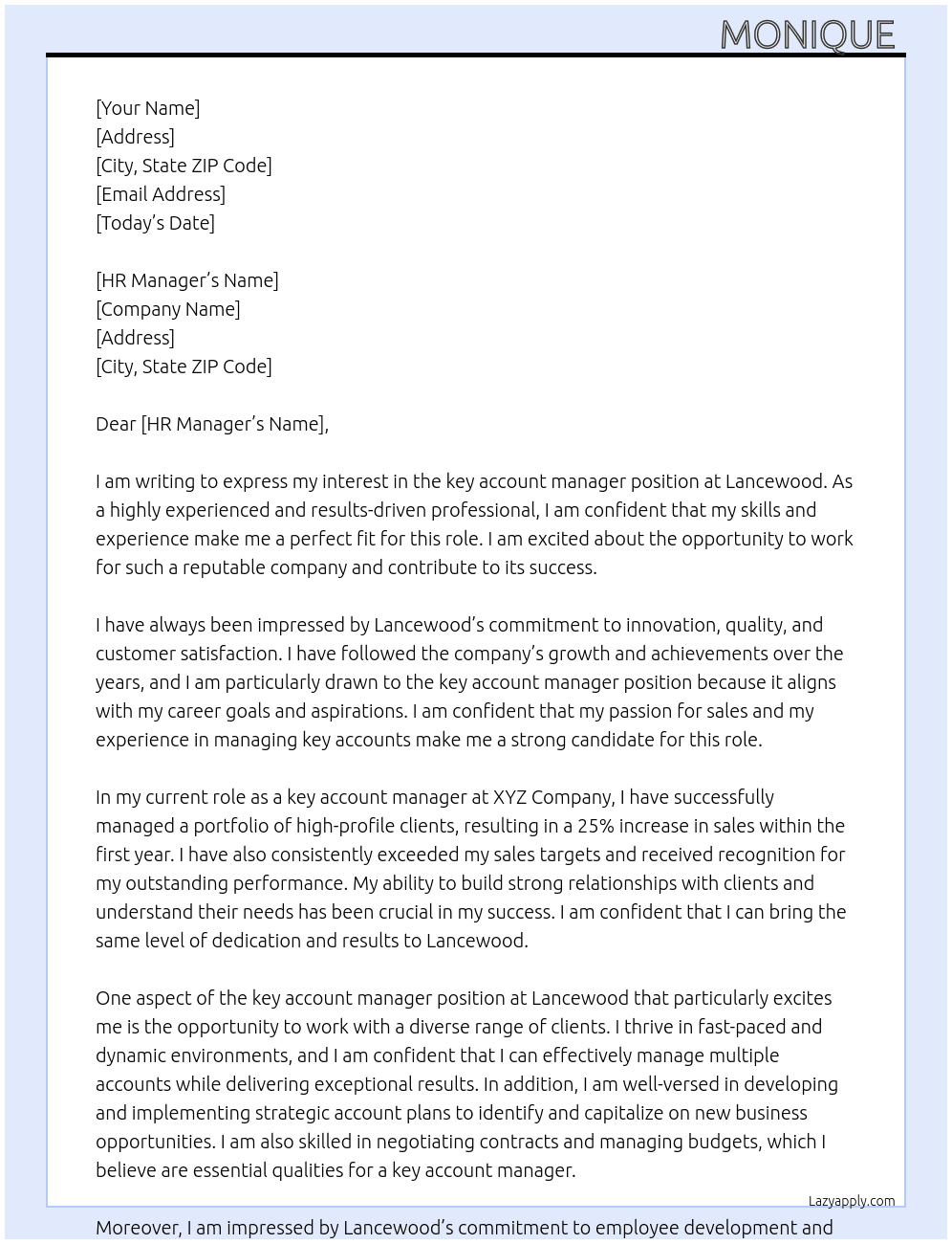 key account manager At lancewood Cover Letter