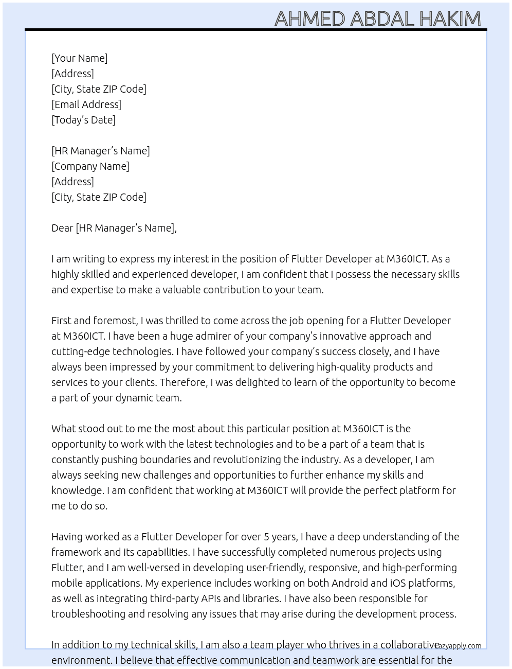 Flutter Developer  At M360ICT Cover Letter