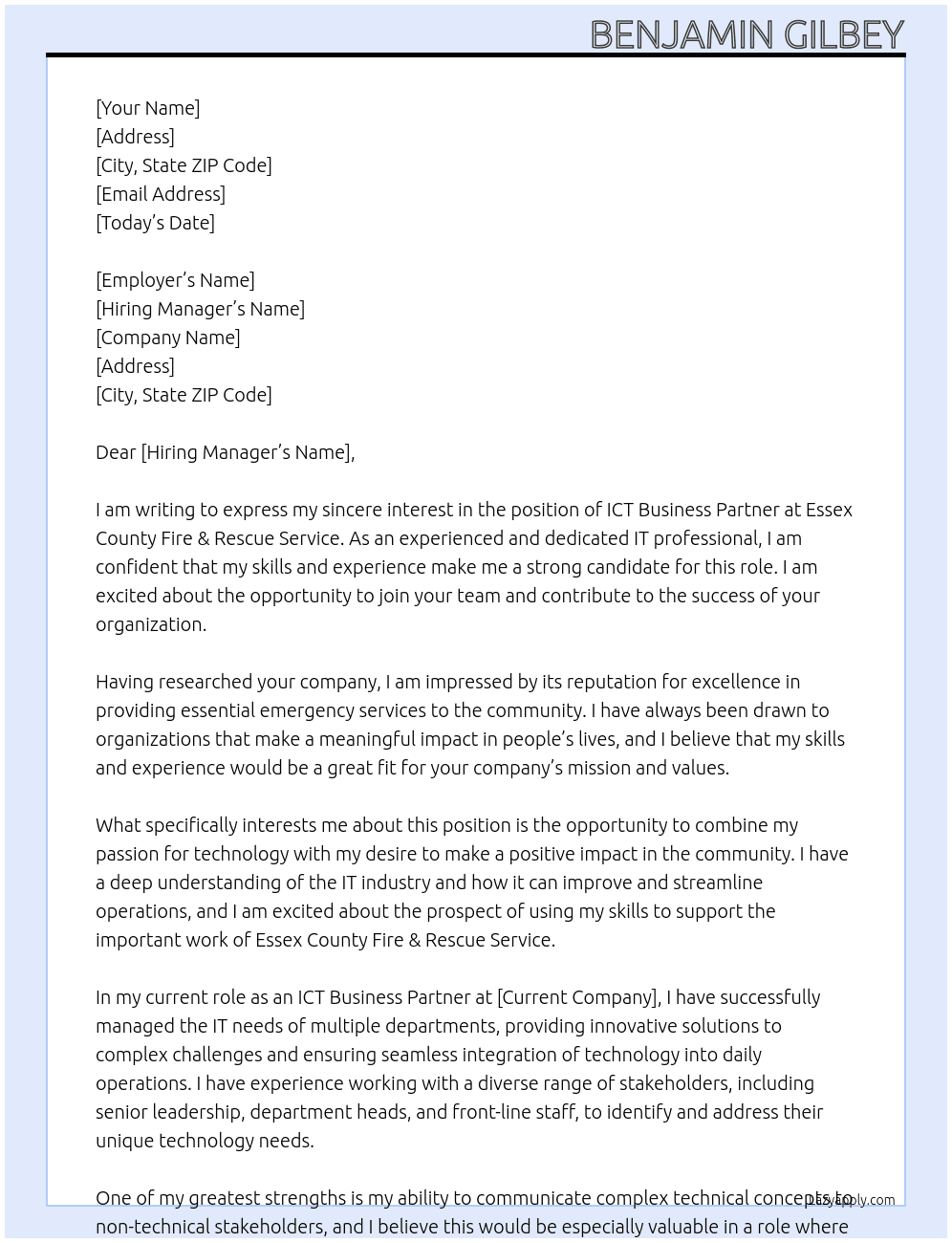 ICT Business Partner At Essex County Fire & Rescue Service Cover Letter