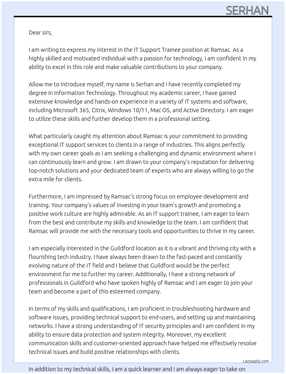 It support trainee At Ramsac Cover Letter