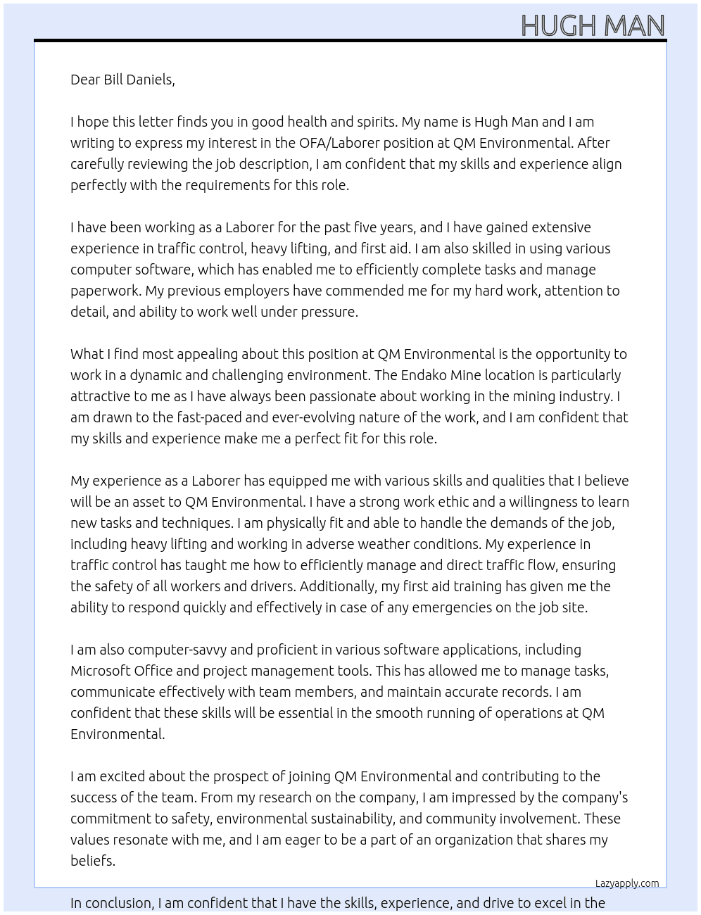 OFA/ Laborer  At QM Environmental  Cover Letter