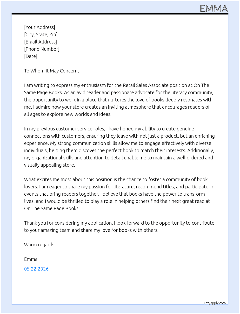 Retail sales assosiate At On The Same Page Books Cover Letter