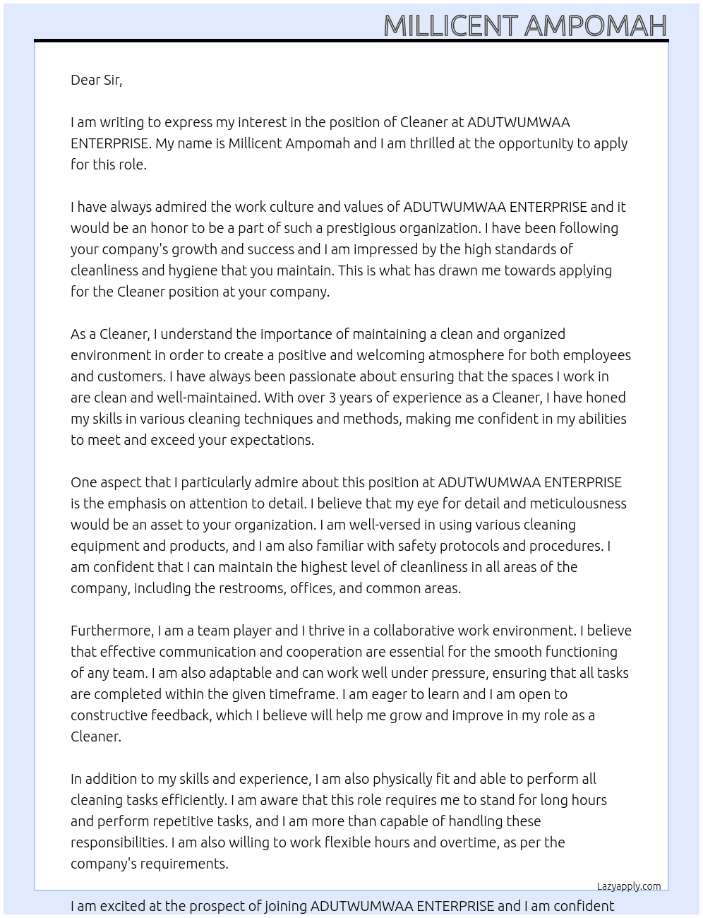 Cleaner At ADUTWUMWAA ENTERPRISE Cover Letter