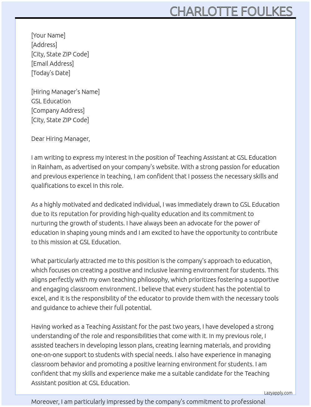 Teaching Assistant  At GSL Education  Cover Letter