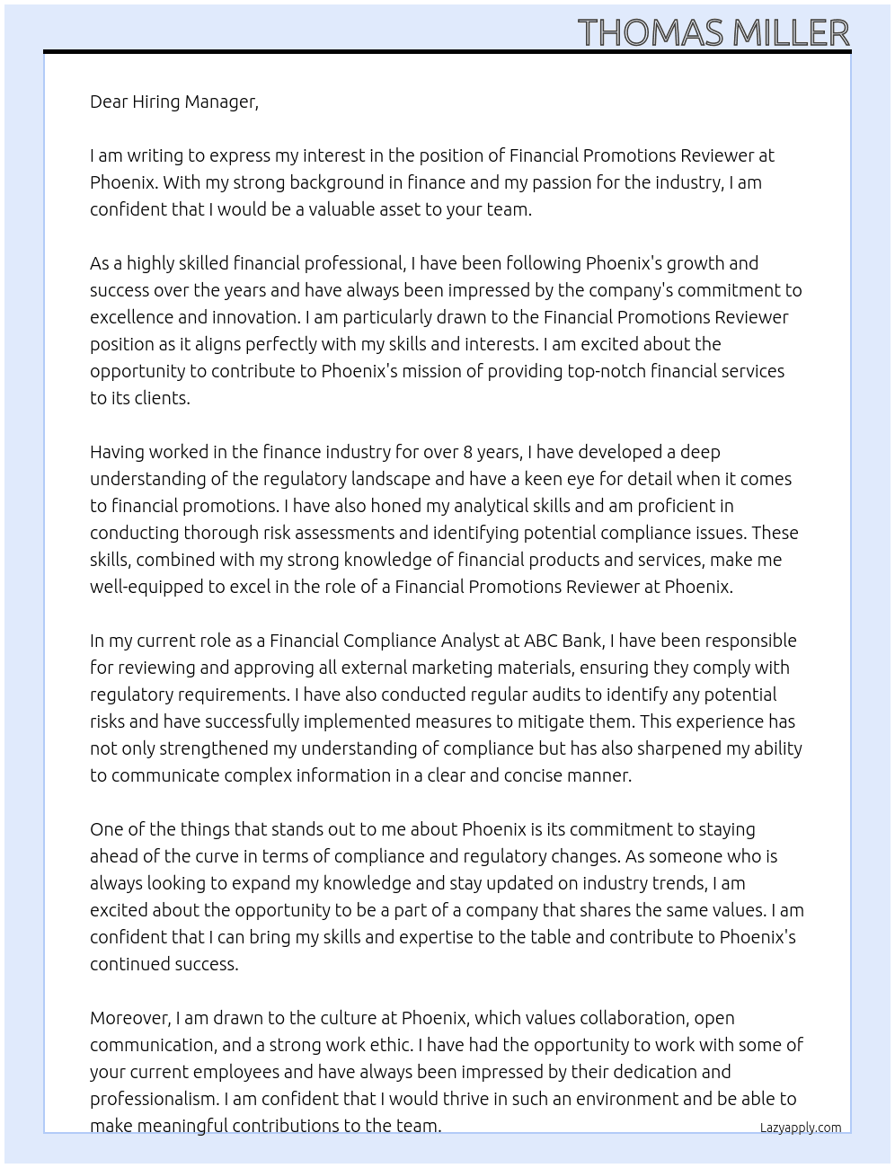 Financial Promotions Reviewer  At Phoenix Cover Letter