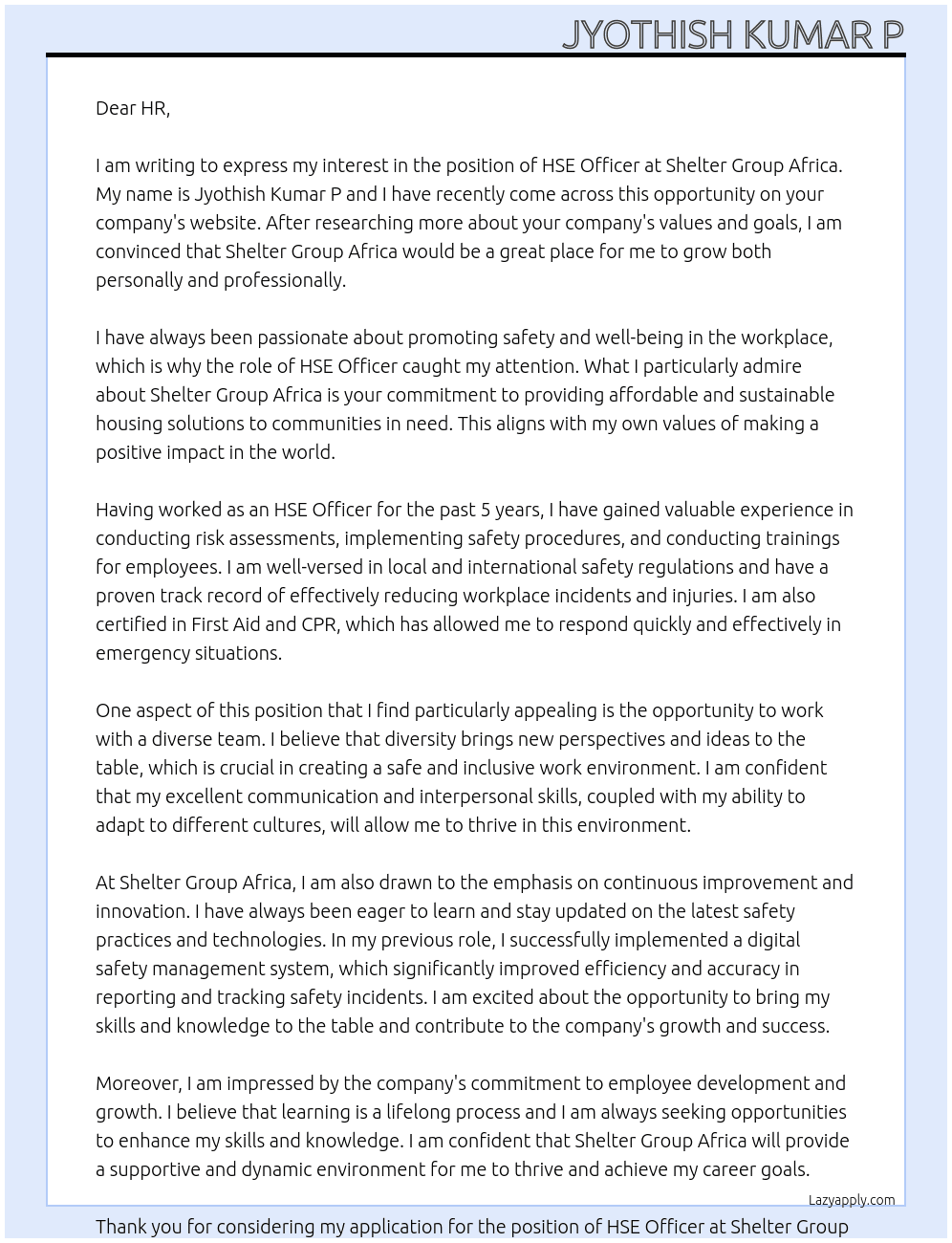 Hse officer At Shelter group africa Cover Letter
