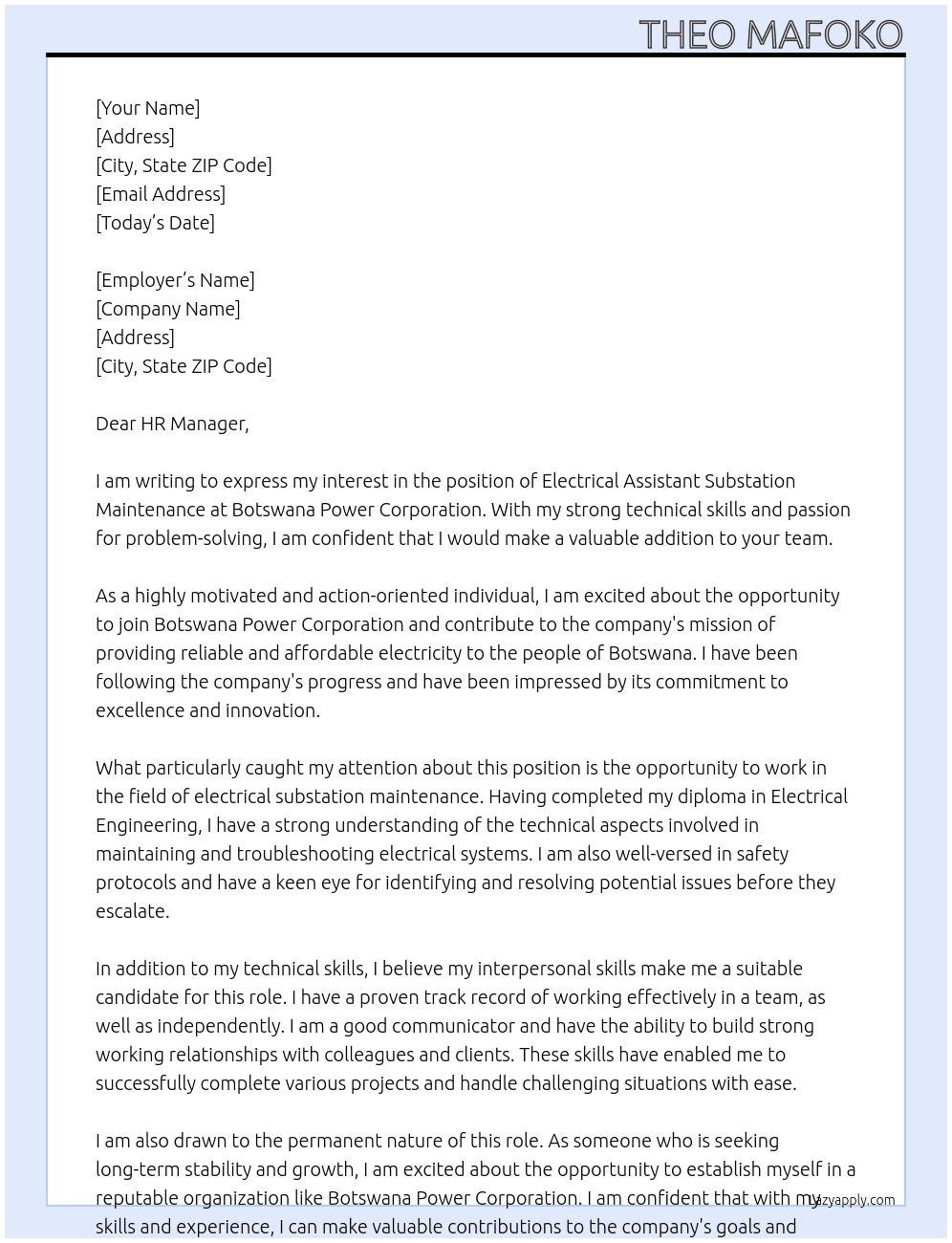 Electrical Assistant Substation Maintenance At Botswana Power Corporation Cover Letter