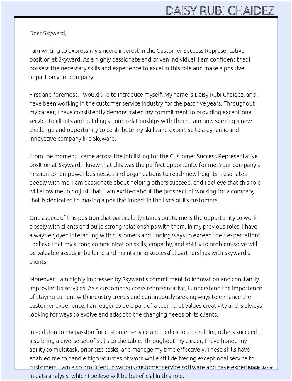 Customer success representative  At Skyward Cover Letter