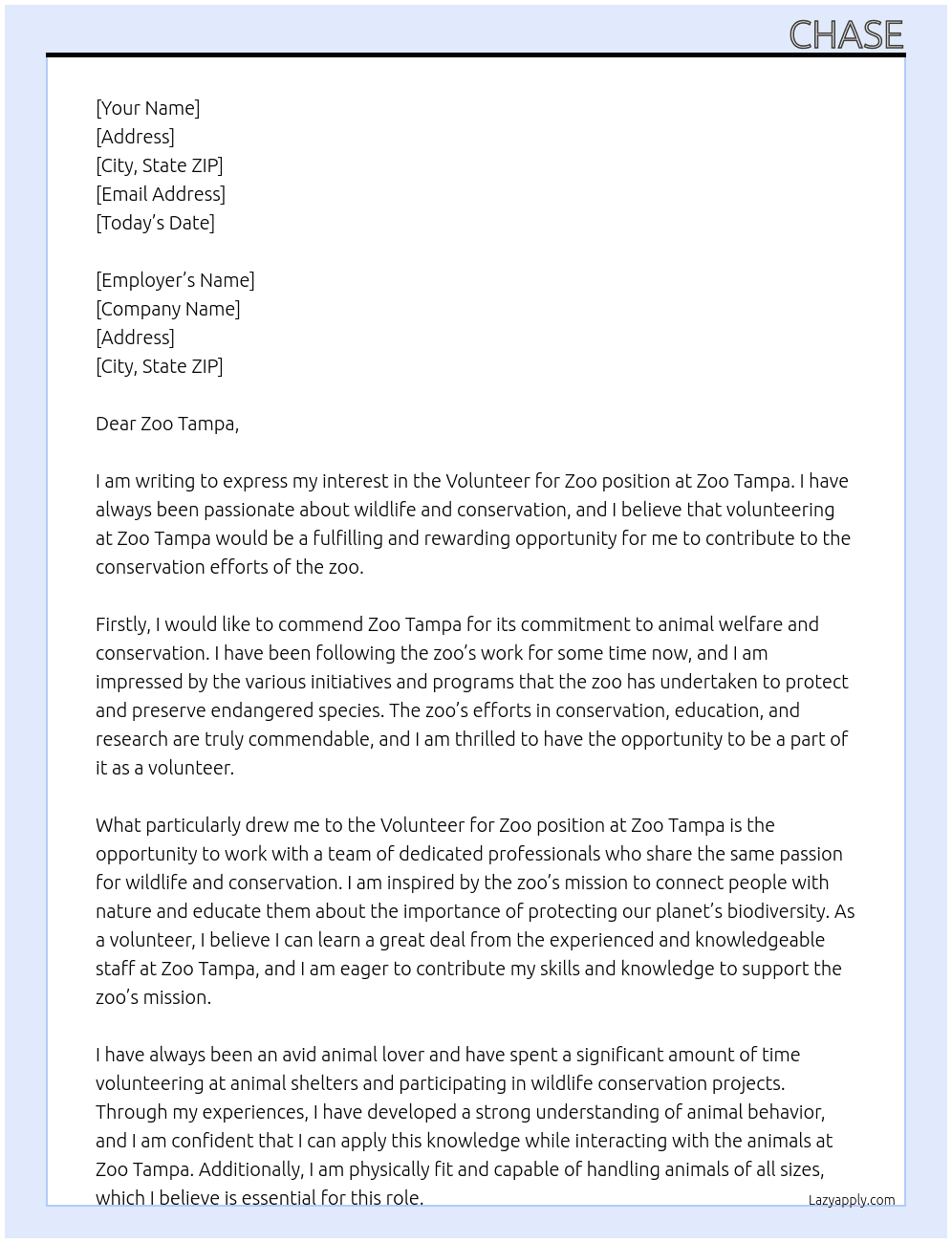 Volunteer for Zoo At Zoo Tampa Cover Letter