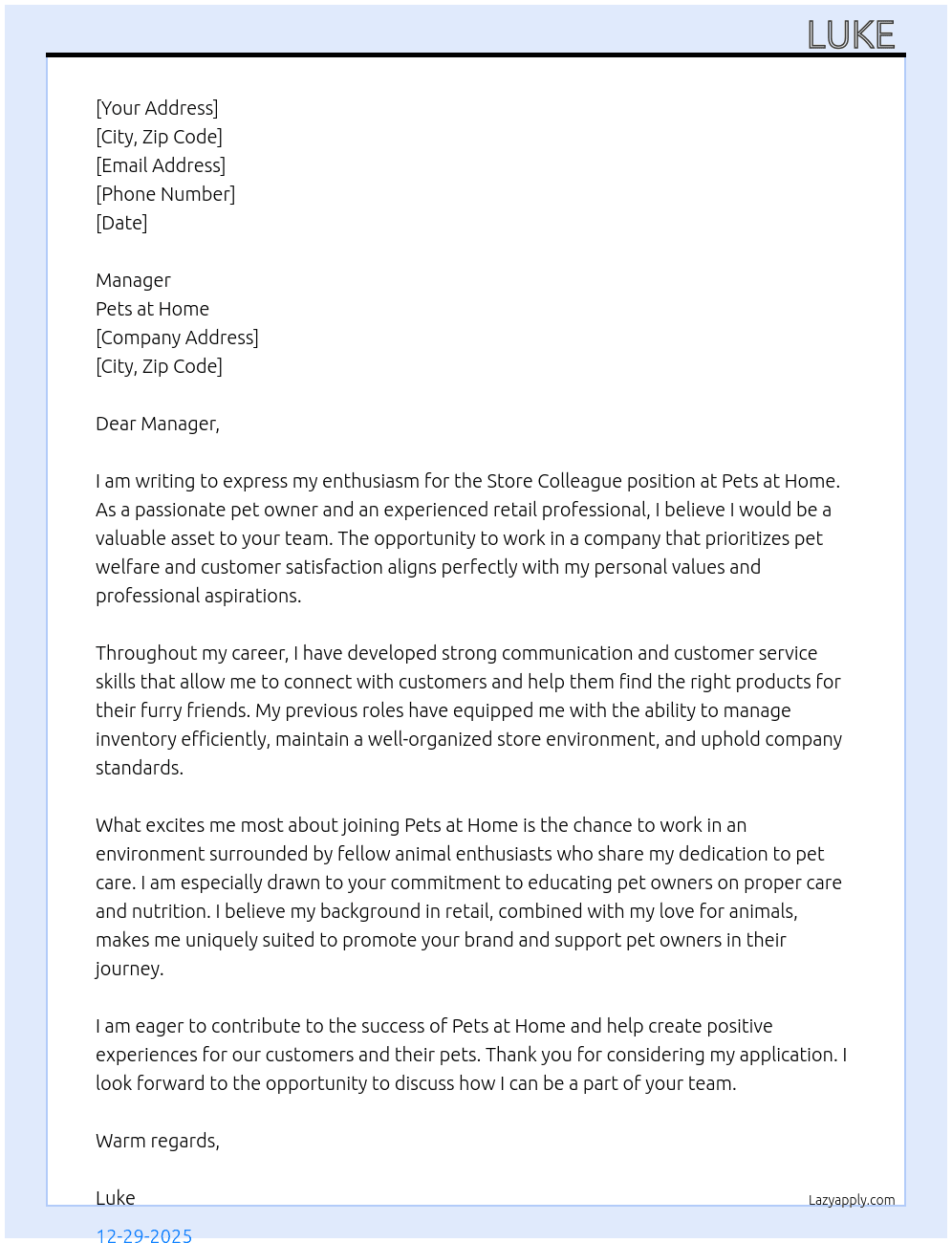Store Colleague  At Pets at Home  Cover Letter