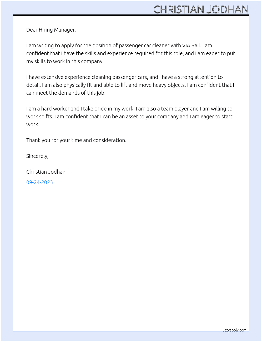 passenger car cleaner At VIA Rail  Cover Letter