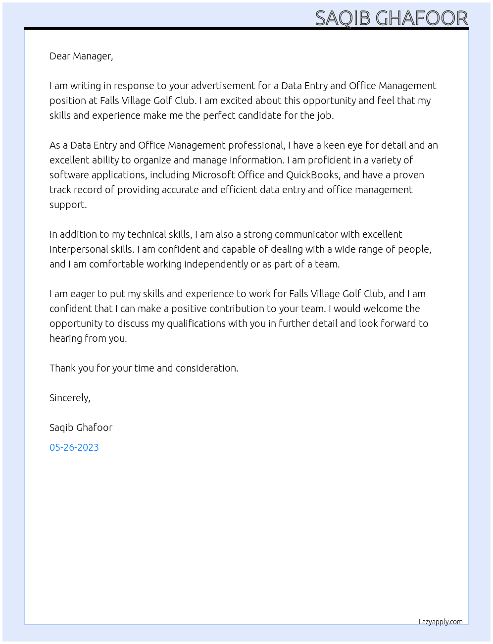 Data Entry and Office Management At Falls Village Golf Club Cover Letter