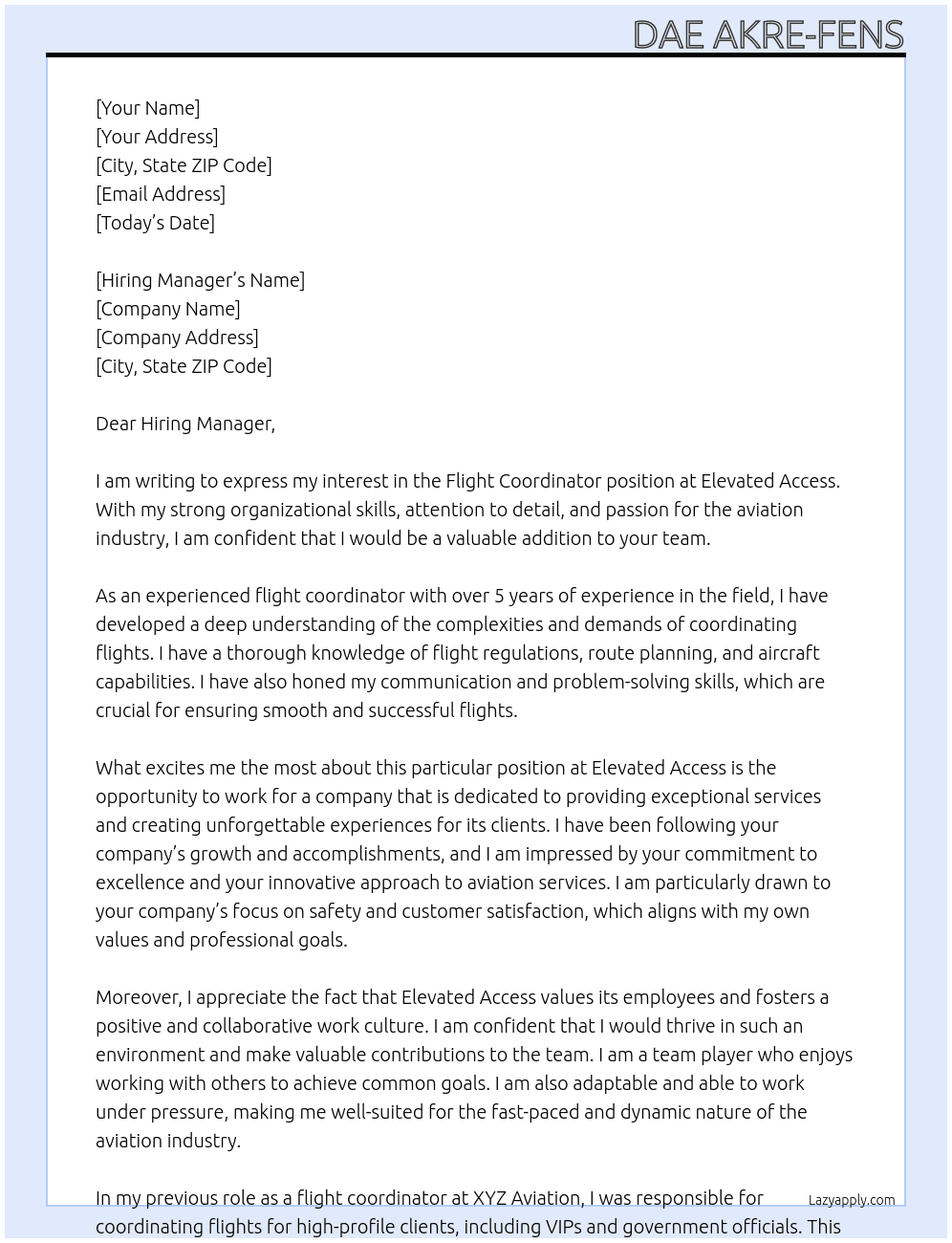Flight Coordinator At Elevated Access Cover Letter