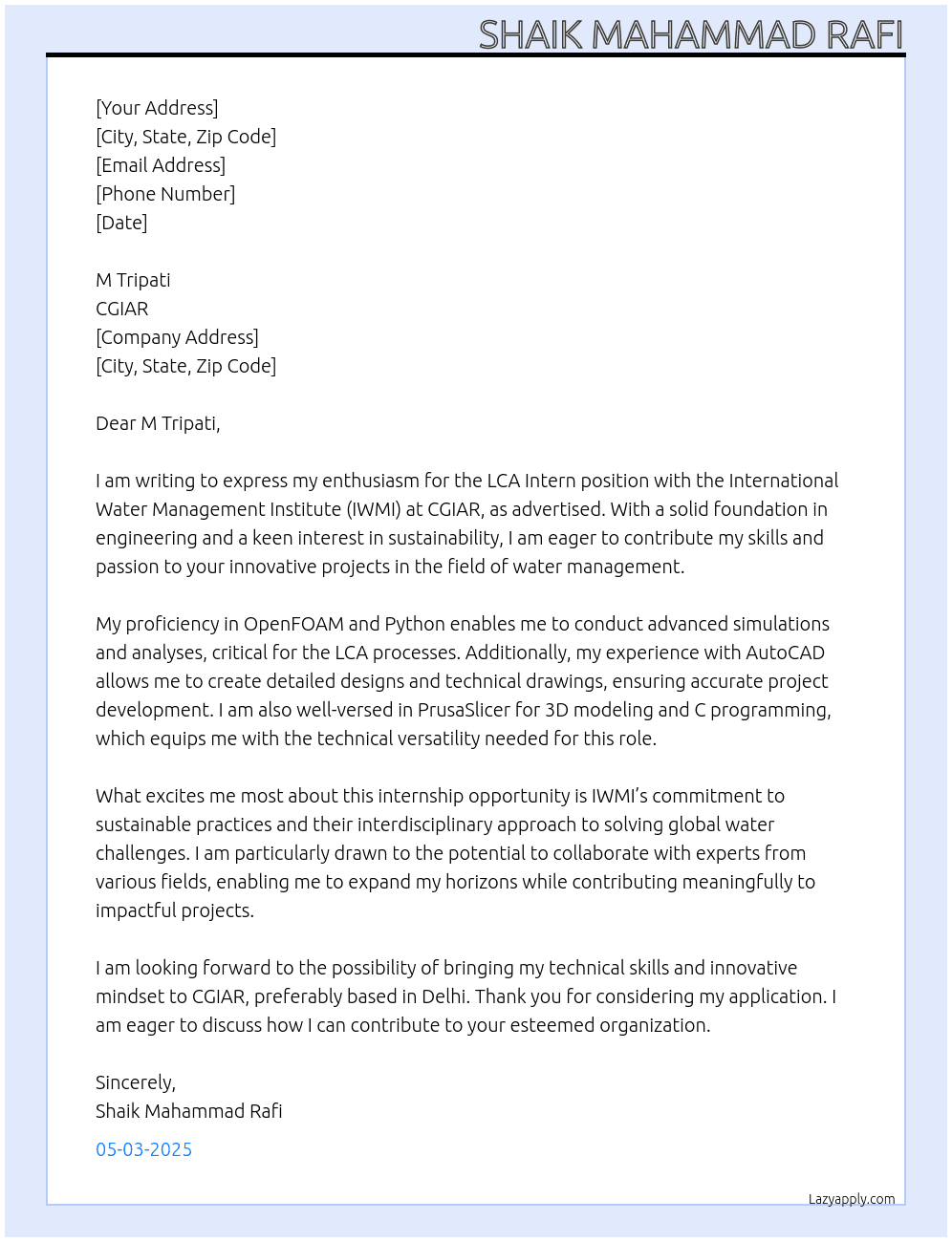LCA intern in IWMI At CGIAR Cover Letter
