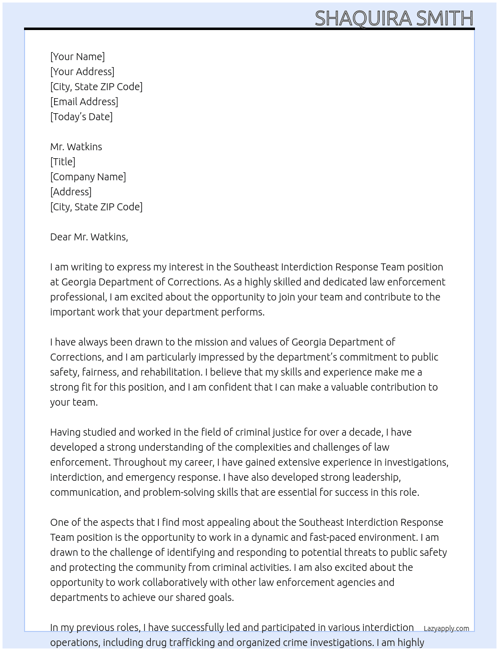 Southeast Interdiction Response Team  At Georgia Department of Corrections  Cover Letter