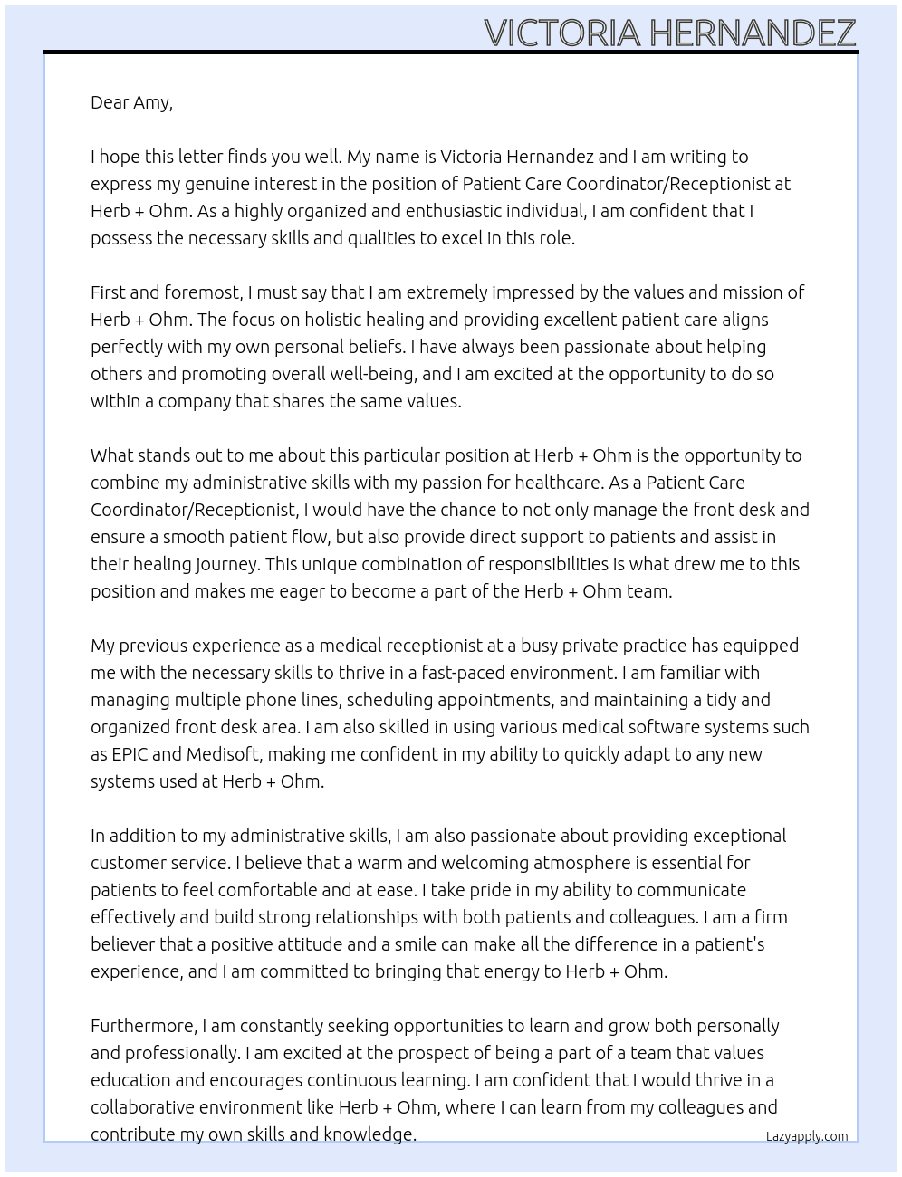 Patient Care Coordinator/Receptionist At Herb + Ohm Cover Letter