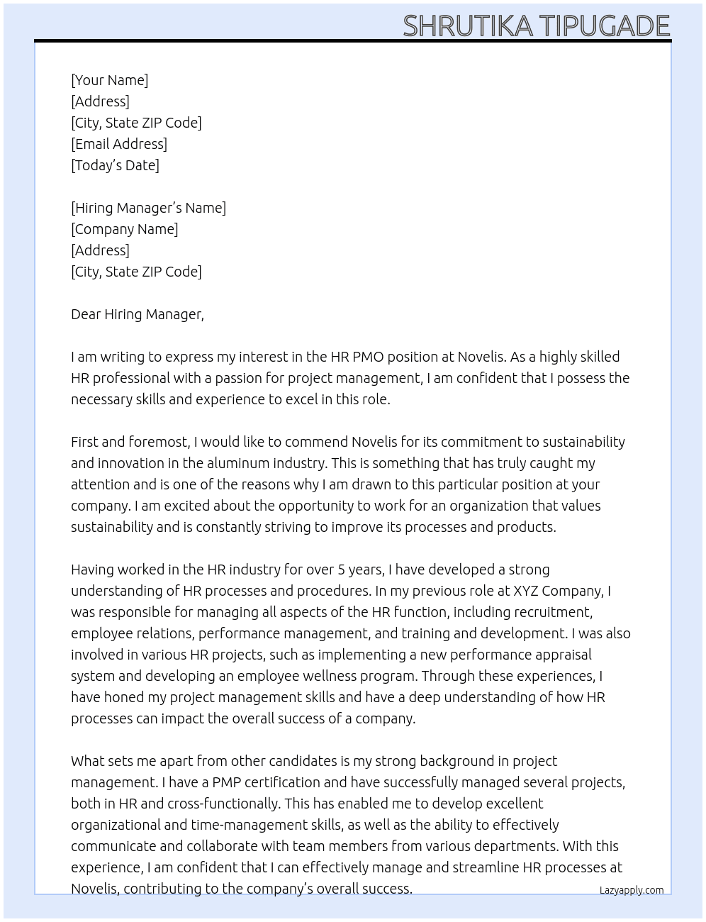 HR PMO At Novelis Cover Letter