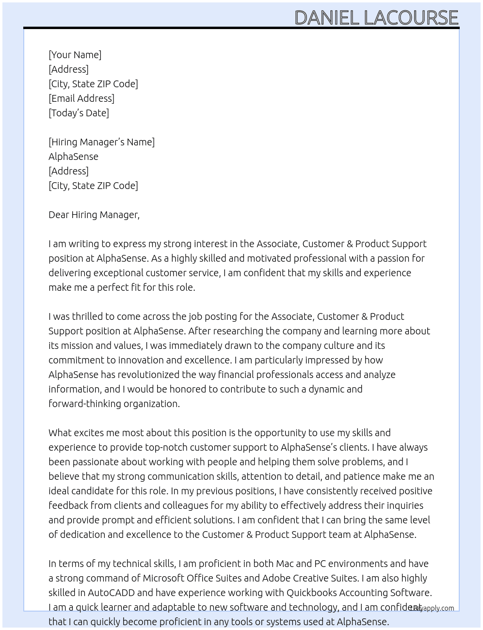 Associate, Customer & Product Support At AlphaSense Cover Letter