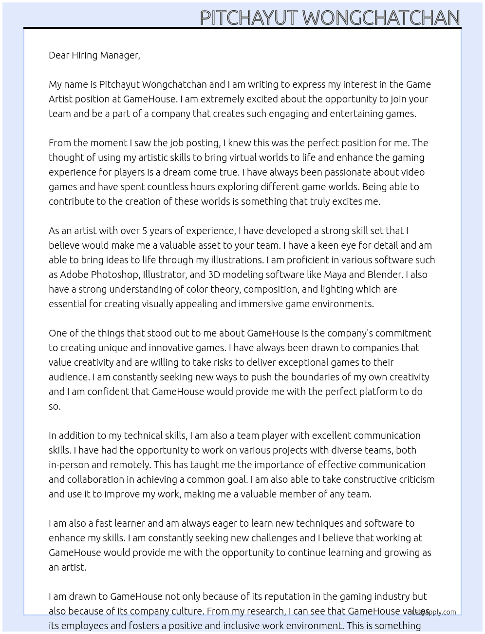 game artist At gamehouse Cover Letter