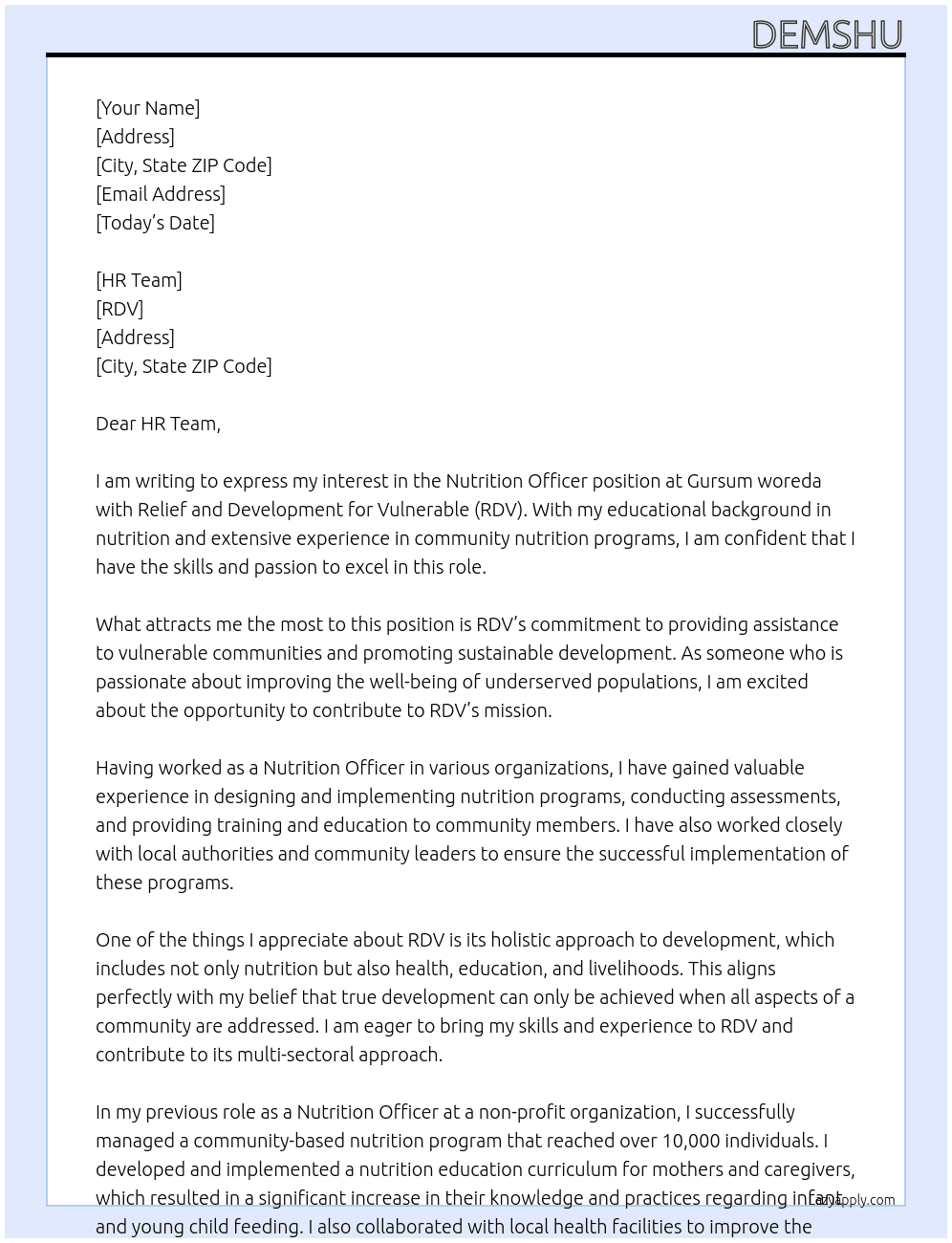 Nutrition officer at Gursum woreda At elief and Development for Vulnerable- RDV Cover Letter