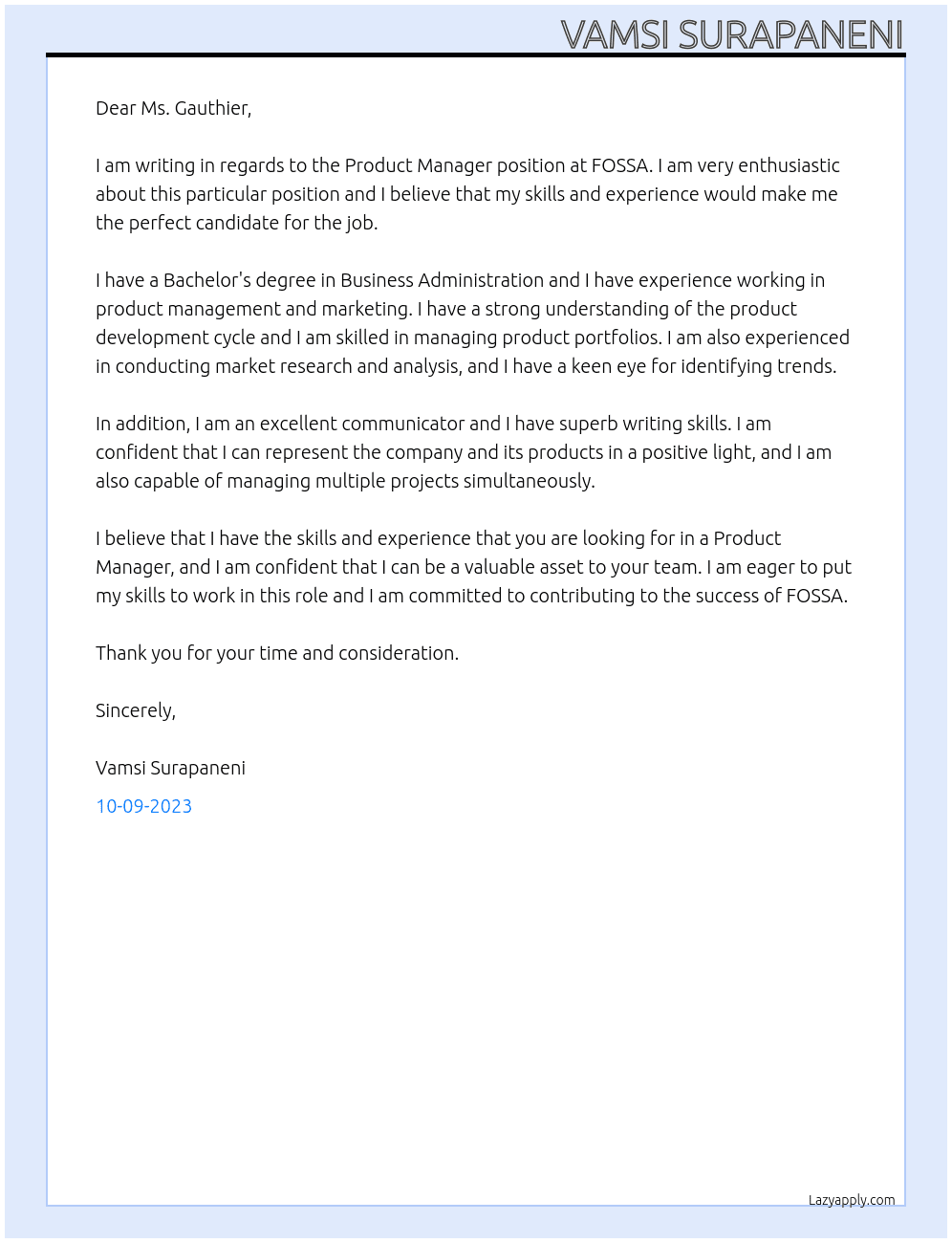Product Manager At FOSSA Cover Letter