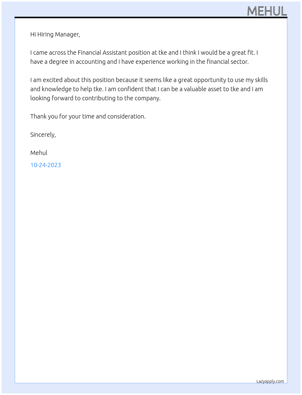 Financial Assistant At tke Cover Letter