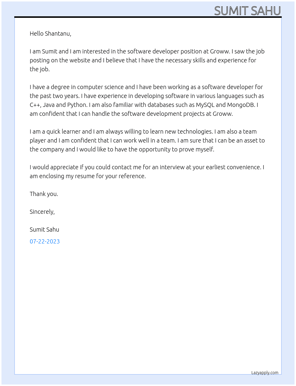 Software developer At groww Cover Letter