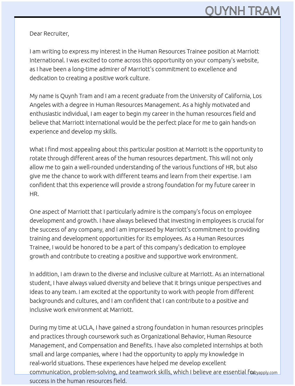 Human resources Trainee At Marriott International Cover Letter