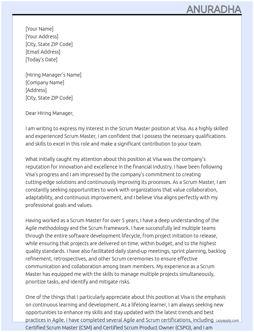 Scrum master At Visa Cover Letter