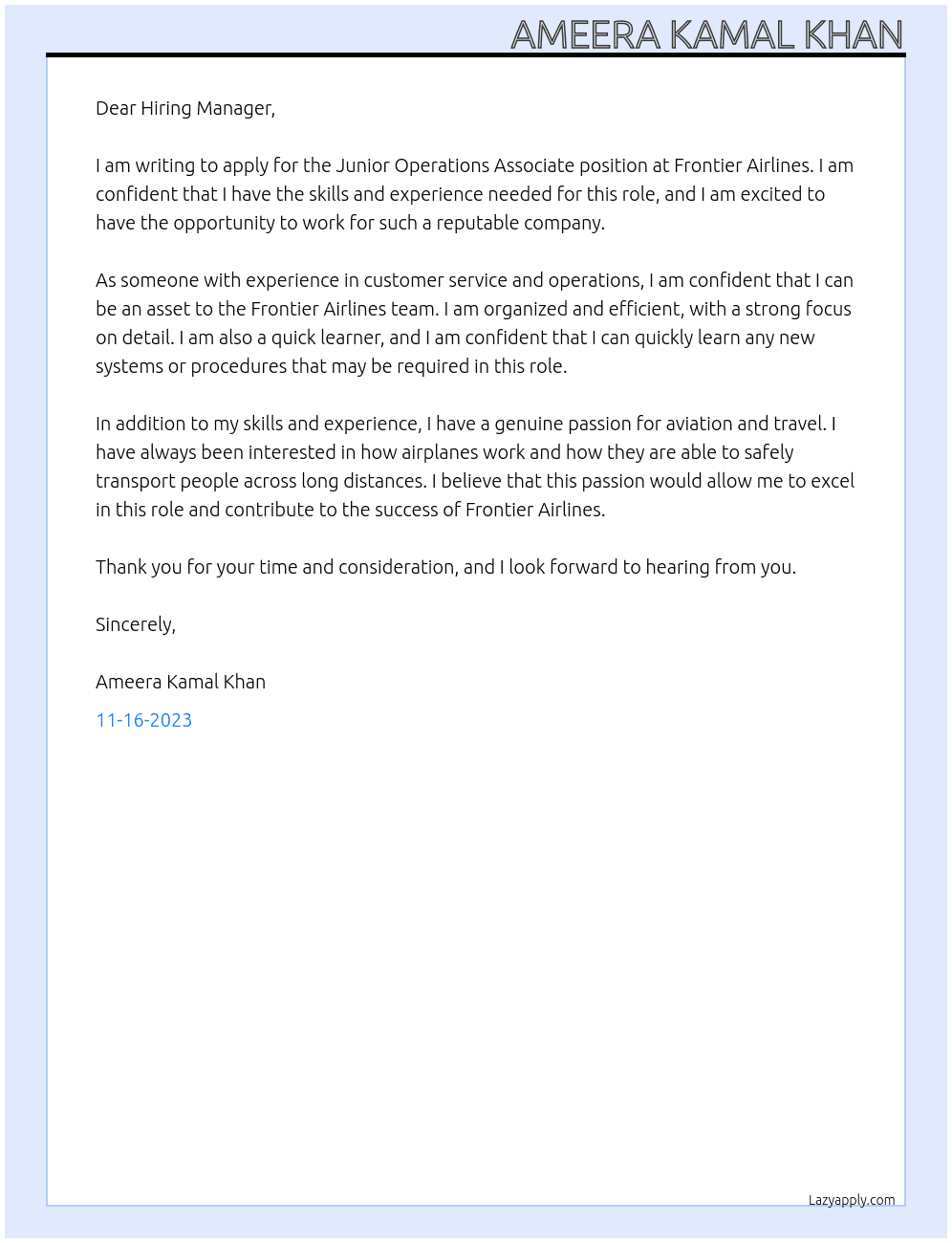 Junior Operation Associate At Frontier Airlines Cover Letter