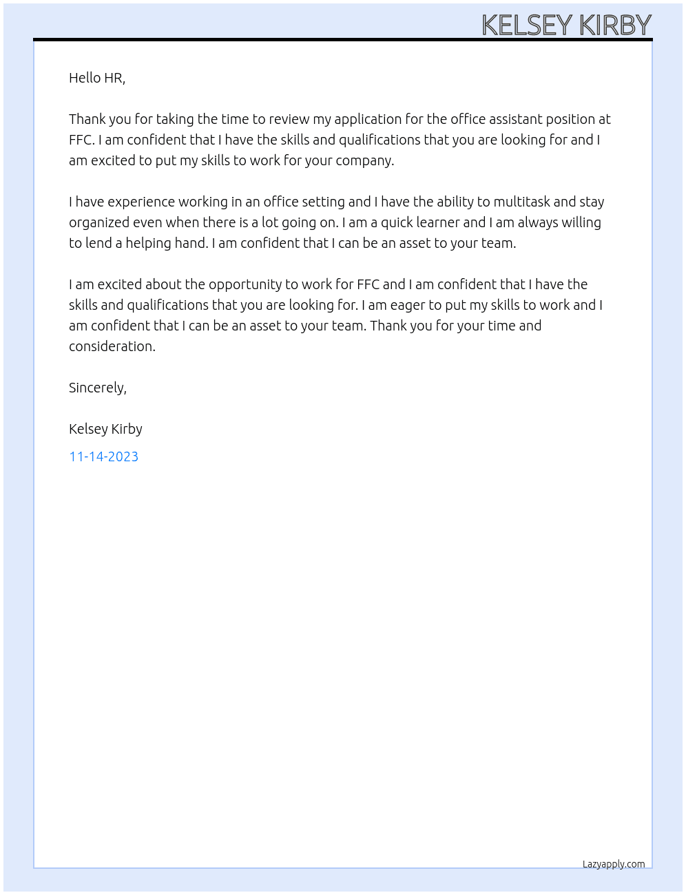office assistant At FFC Cover Letter