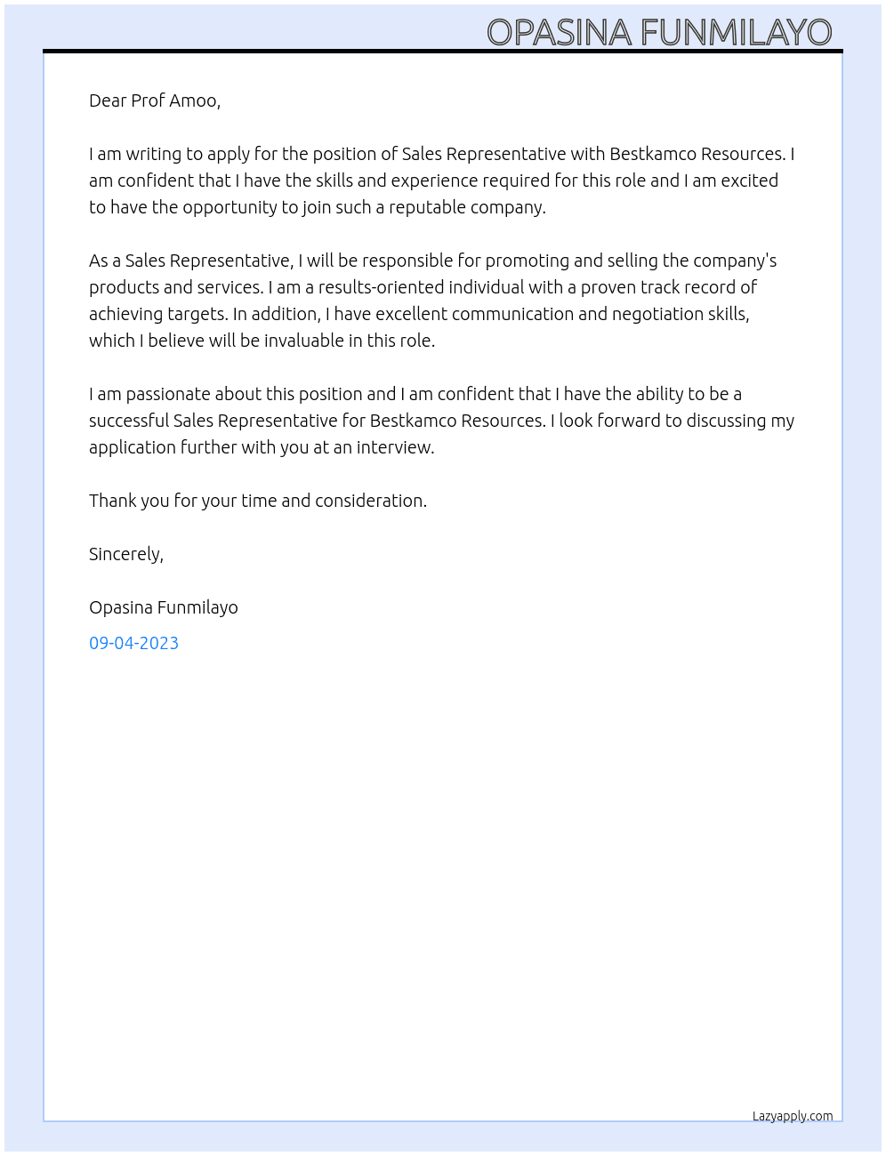 Sales representative At Bestkamco resources  Cover Letter