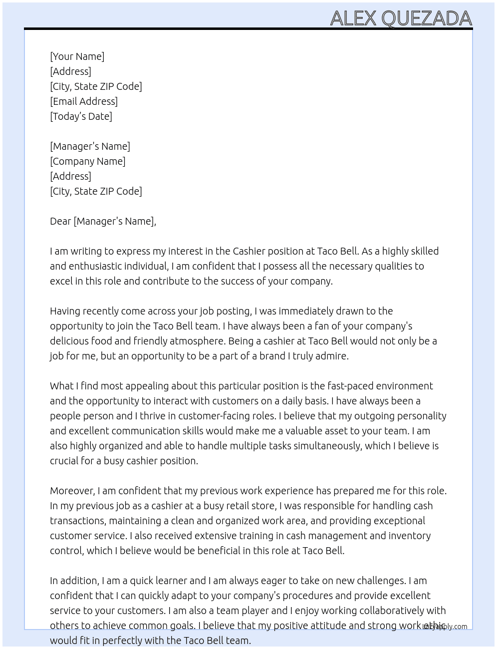Cashier  At Taco bell Cover Letter