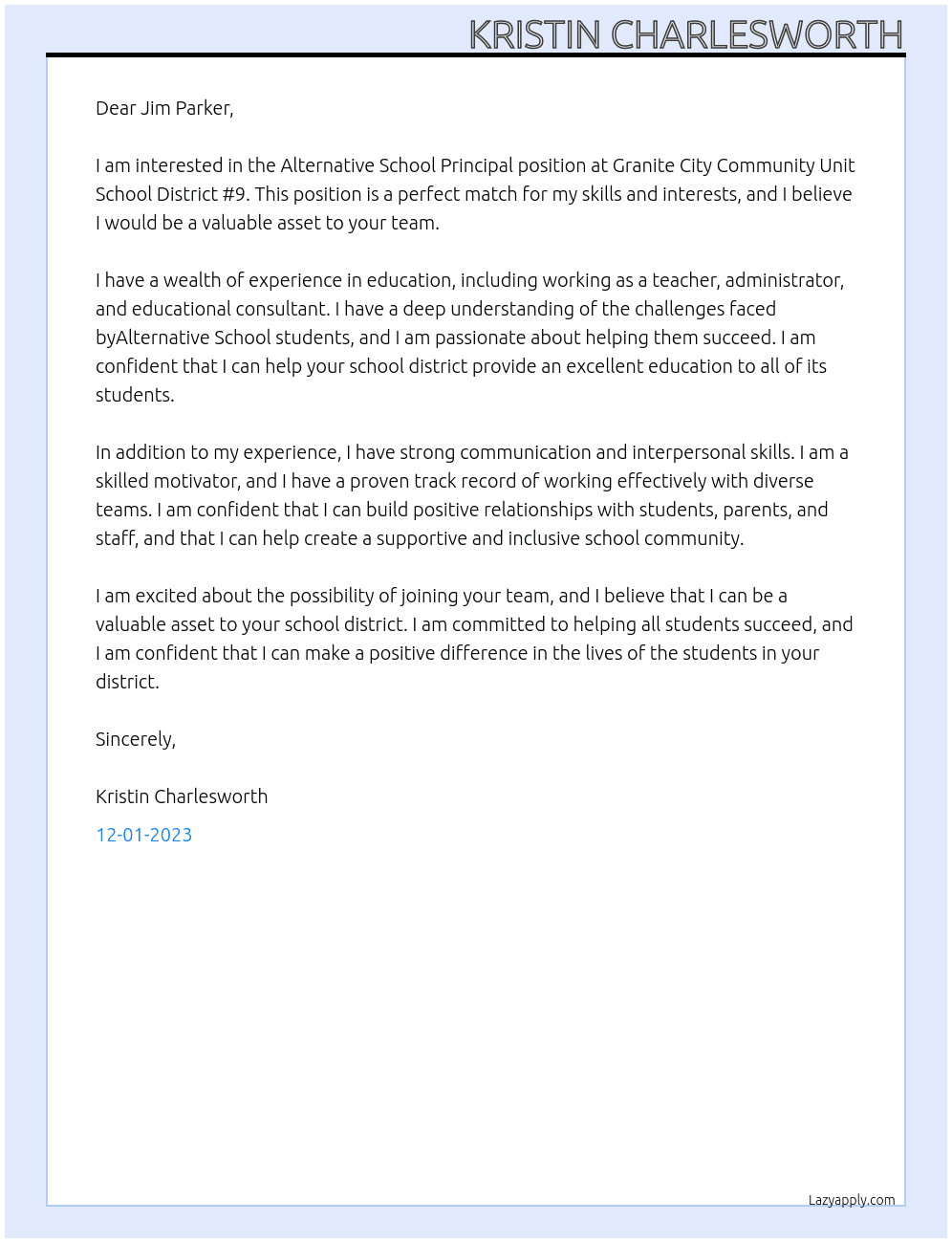 Alternative School Principal At Granite City Community Unit School District #9 Cover Letter