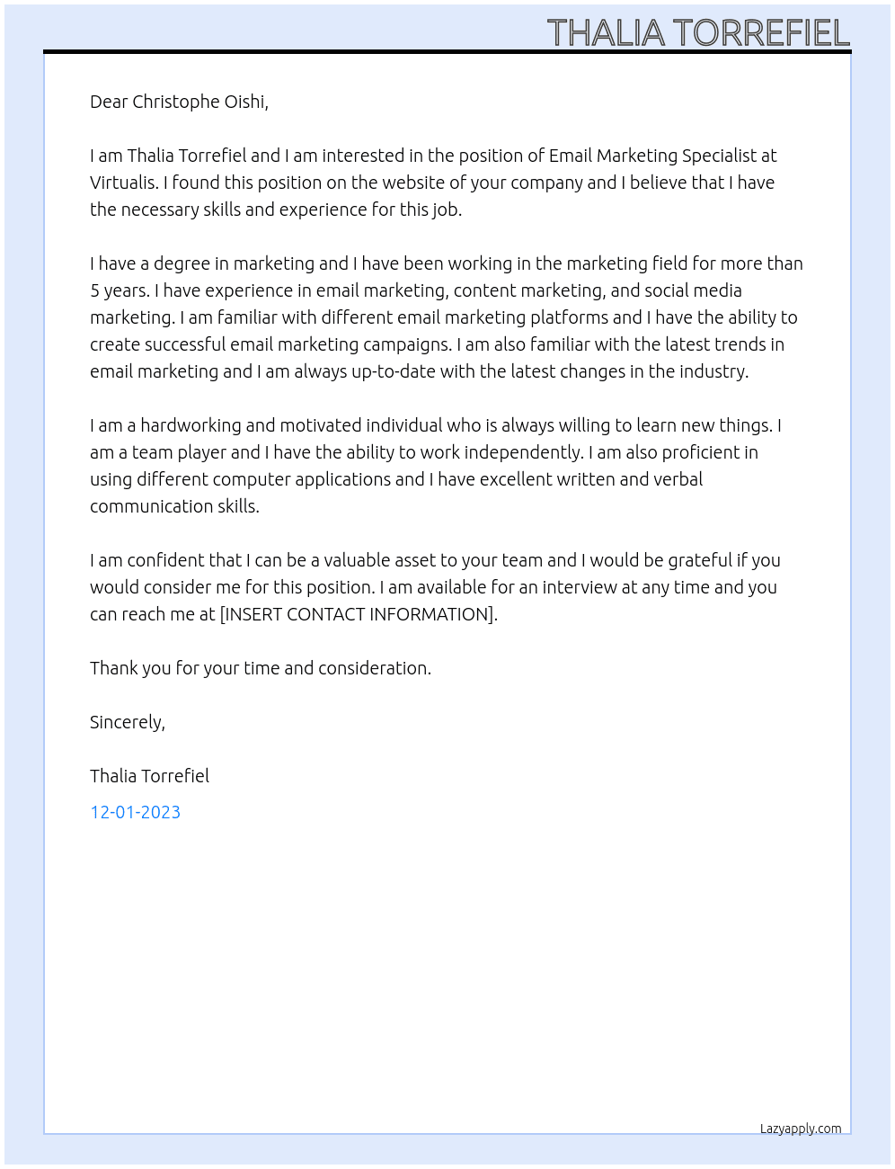 EmaIL Marketing Specialist At Virtualis  Cover Letter