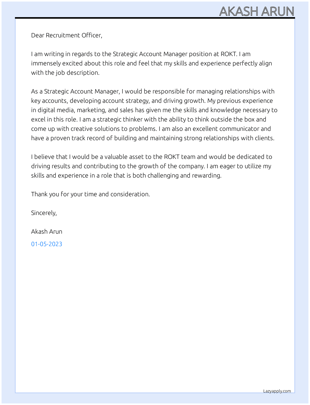 Strategic Account Manager At ROKT Cover Letter