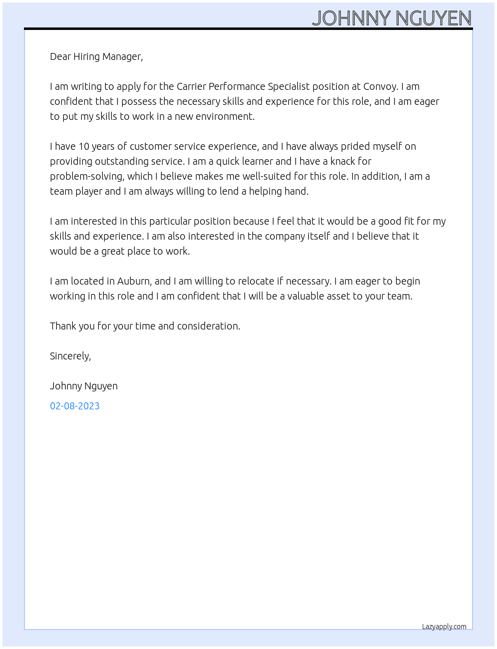 Carrier Performance Specialist At Convoy Cover Letter