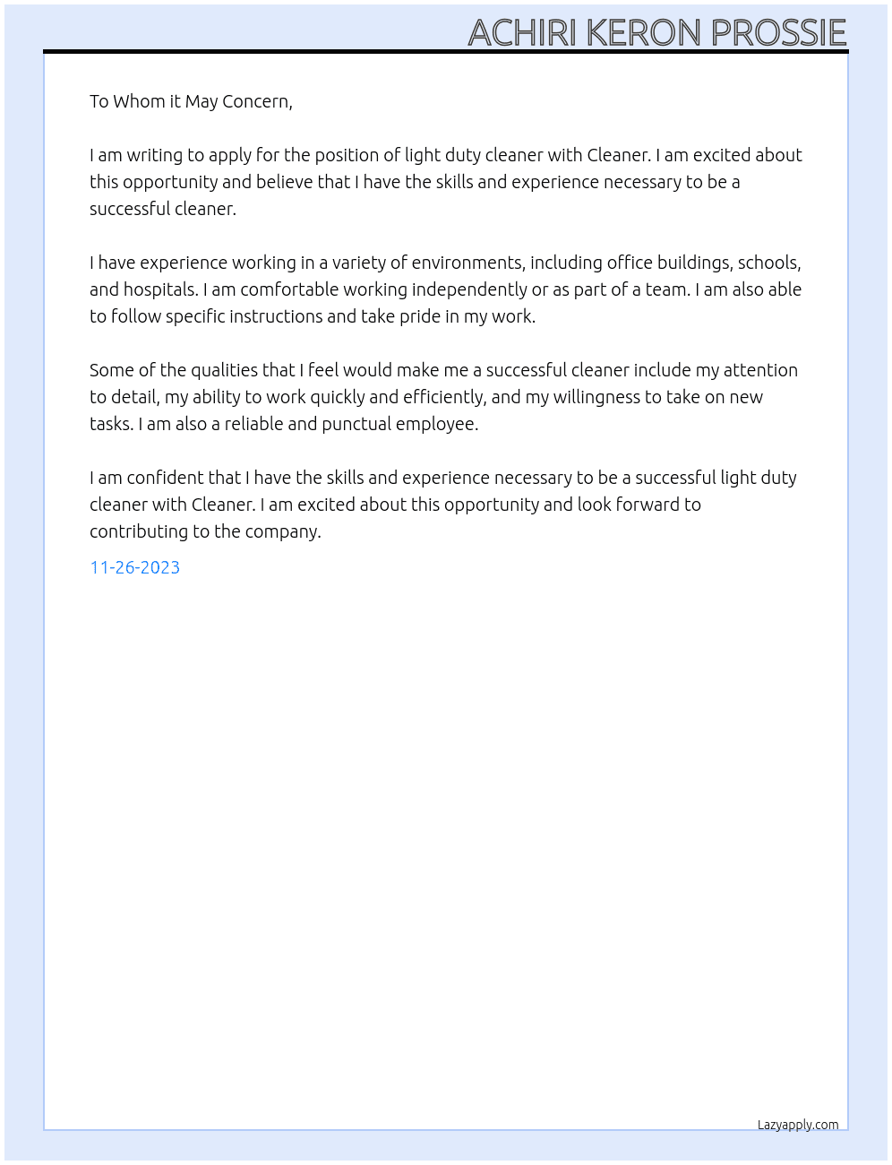 Light duty cleaner At Cleaner Cover Letter
