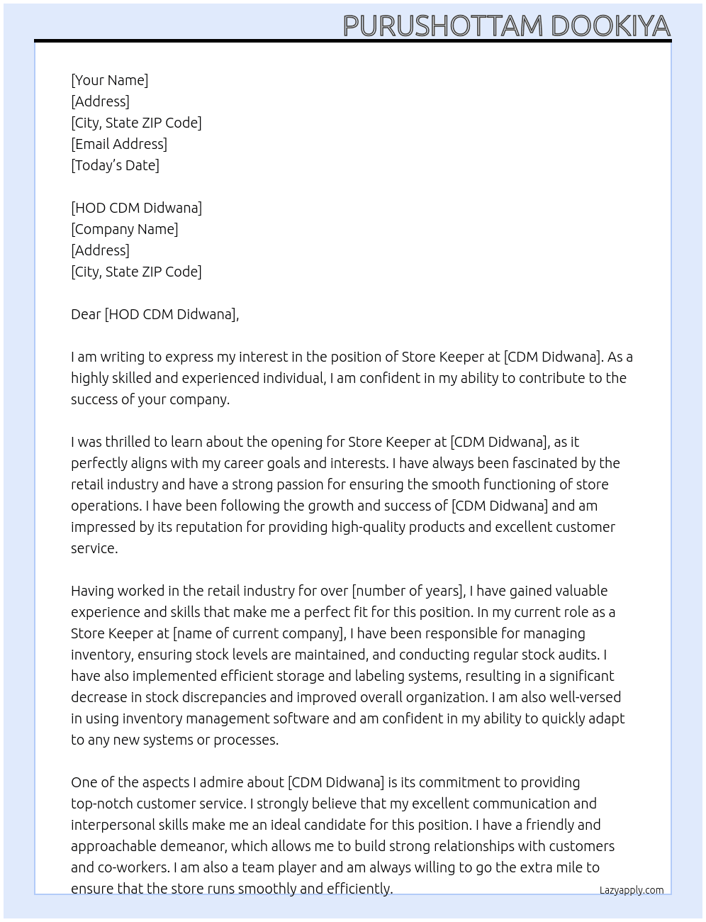 Store Keepar At CDM Didwana Cover Letter