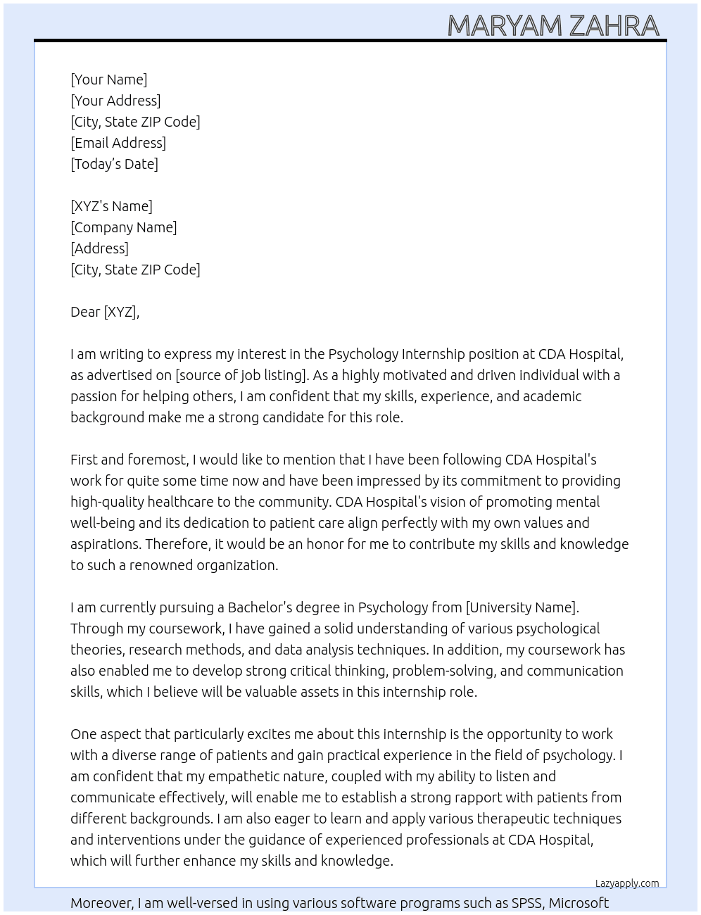 Psychology internship At CDA hospital  Cover Letter